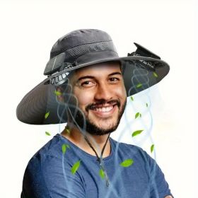 Unisex Solar Powered Black Fan Outdoor Fishing Wide Brim Sun Hat For Camping And Work