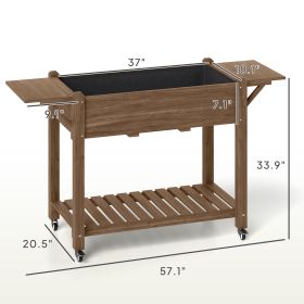 Wood Raised Planter Box, Elevated Garden Bed With Lockable Wheels, Side Tables, Bottom Shelf, Drain Holes, Carbonized