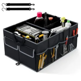 13 Gallon Car Trunk Organizer - 3 Compartments+6 Pockets, 600D Oxford Fabric, Non-Slip Base, Black