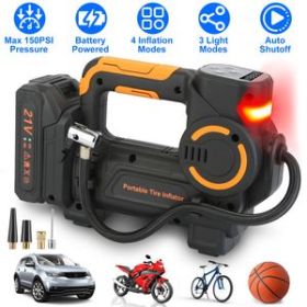 140W 150PSI 21V Battery Powered Tire Inflator Cordless Air Pump Digital Air Compressor with LED Light for Cars Motorcycles Bicycles Balls GPCT5271