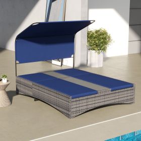 PE Rattan Outdoor Double Chaise Lounge, Reclining Daybed with Canopy, Wood-Plastic Composite Middle Table, Dark Blue
