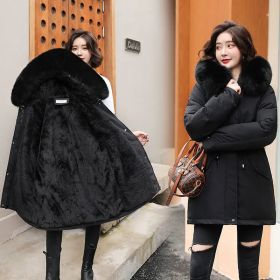 2022 New Winter Jacket Women Parka Fashion Long Coat Wool Liner Hooded Parkas Slim With Fur Collar Warm Snow Wear Padded Clothes (Color1: Black, size: L)
