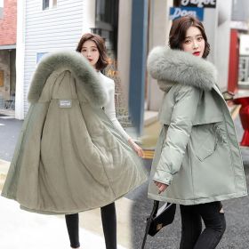 2022 New Winter Jacket Women Parka Fashion Long Coat Wool Liner Hooded Parkas Slim With Fur Collar Warm Snow Wear Padded Clothes (Color1: Green, size: L)