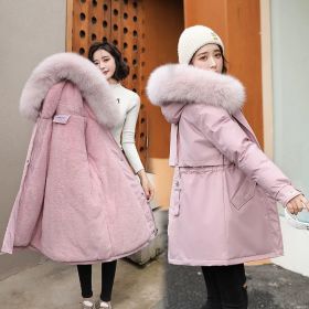 2022 New Winter Jacket Women Parka Fashion Long Coat Wool Liner Hooded Parkas Slim With Fur Collar Warm Snow Wear Padded Clothes (Color1: Pink, size: XL)