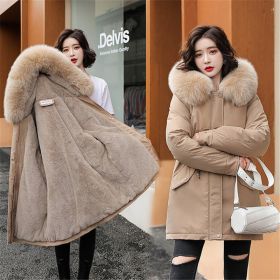 2022 New Winter Jacket Women Parka Fashion Long Coat Wool Liner Hooded Parkas Slim With Fur Collar Warm Snow Wear Padded Clothes (Color1: Khaki, size: L)