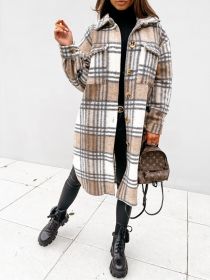 Women Winter Woolen Coats Female Plaid Print Retro Warm Thick Long Jacket Outercoats Korean Style Outwear Manteau Femme Hiver (Color1: Caqui, size: XXL)