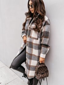 Women Winter Woolen Coats Female Plaid Print Retro Warm Thick Long Jacket Outercoats Korean Style Outwear Manteau Femme Hiver (Color1: Gris, size: XXL)
