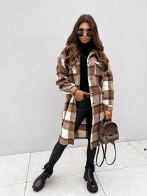 Women Winter Woolen Coats Female Plaid Print Retro Warm Thick Long Jacket Outercoats Korean Style Outwear Manteau Femme Hiver (Color1: Castaño, size: XXL)