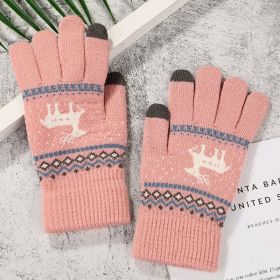 2022 New Women's Thick Knitted Gloves Girls Touch Screen Fashion Deer Pattern Sweet and Cute Autumn and Winter Warm Wool Gloves (Color1: Style 1 Pink)