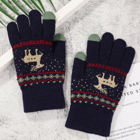 2022 New Women's Thick Knitted Gloves Girls Touch Screen Fashion Deer Pattern Sweet and Cute Autumn and Winter Warm Wool Gloves (Color1: Style 1 Navy Blue)