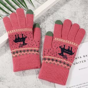 2022 New Women's Thick Knitted Gloves Girls Touch Screen Fashion Deer Pattern Sweet and Cute Autumn and Winter Warm Wool Gloves (Color1: Style 1 red)