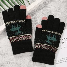 2022 New Women's Thick Knitted Gloves Girls Touch Screen Fashion Deer Pattern Sweet and Cute Autumn and Winter Warm Wool Gloves (Color1: Style 1 Black)
