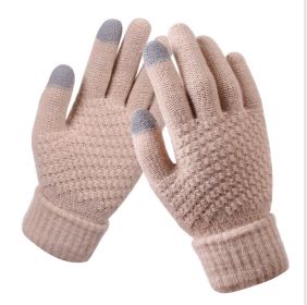 Winter Touch Screen Gloves Women Men Warm Stretch Knit Mittens Imitation Wool Full Finger Guantes Female Crochet Luvas Thicken (Color1: Khaki)