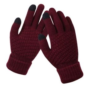 Winter Touch Screen Gloves Women Men Warm Stretch Knit Mittens Imitation Wool Full Finger Guantes Female Crochet Luvas Thicken (Color1: Wine Red)