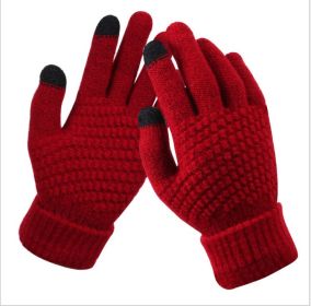 Winter Touch Screen Gloves Women Men Warm Stretch Knit Mittens Imitation Wool Full Finger Guantes Female Crochet Luvas Thicken (Color1: Red)