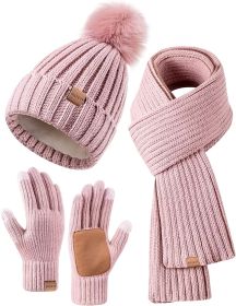 Winter Beanie Hat Scarf Gloves Set for Women;  Womens Beanie with Pom Pom Long Scarf Neck Warmer Touchscreen Gloves 3 in 1 Set (Color1: Pink)
