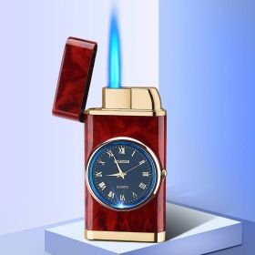 Lighter With Electric Watch Rocker Arm Automatic Ignition Straight Blue Flame Lighter Creative Real Dial Inflatable Windproof Lighter Men's Watch (Color1: A mahogany grain)