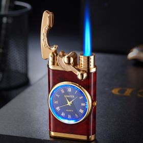 Lighter With Electric Watch Rocker Arm Automatic Ignition Straight Blue Flame Lighter Creative Real Dial Inflatable Windproof Lighter Men's Watch (Color1: Mahogany grain)