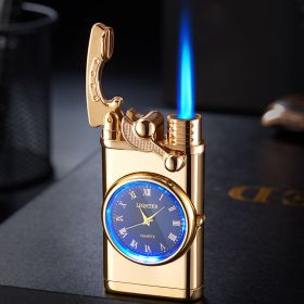 Lighter With Electric Watch Rocker Arm Automatic Ignition Straight Blue Flame Lighter Creative Real Dial Inflatable Windproof Lighter Men's Watch (Color1: Gold)