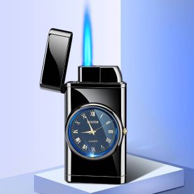 Lighter With Electric Watch Rocker Arm Automatic Ignition Straight Blue Flame Lighter Creative Real Dial Inflatable Windproof Lighter Men's Watch (Color1: A black ice)