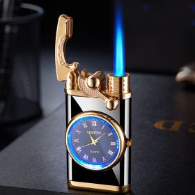 Lighter With Electric Watch Rocker Arm Automatic Ignition Straight Blue Flame Lighter Creative Real Dial Inflatable Windproof Lighter Men's Watch (Color1: Black ice)
