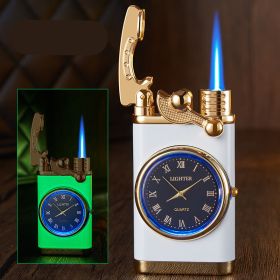 Lighter With Electric Watch Rocker Arm Automatic Ignition Straight Blue Flame Lighter Creative Real Dial Inflatable Windproof Lighter Men's Watch (Color1: Luminous white)