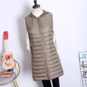Hooded Women's Down Vest Long Coat Slim Fashion Ultra Light White Duck Down Waistcoat Female Fashion Winter Ladies Jacket Vests (Color1: Khaki, size: 4XL)