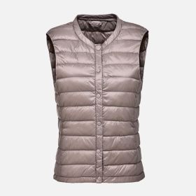 Women's Ultra Light Duck Down Vest Autumn Winter Warm Round Collar Sleeveless Coat 2019 Light Weight Korean All Match Thin Vests (Color1: Khaki, size: L)